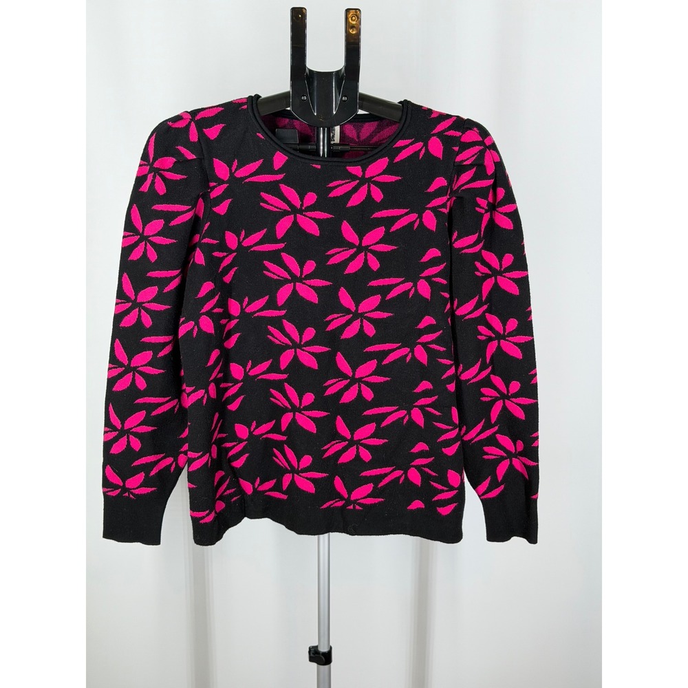 Anne Klein Womens Pink Black Floral Intarsia Knit Puff Shoulder Sweater Large